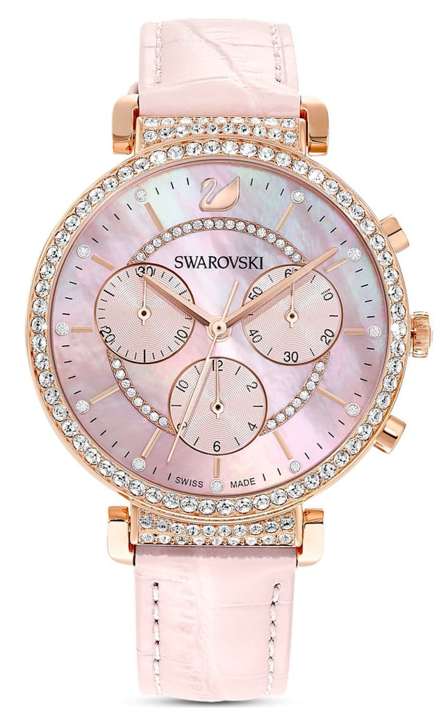 Swarovski Passage Chrono rose gold chronograph watch with crystal bezel and pink leather strap