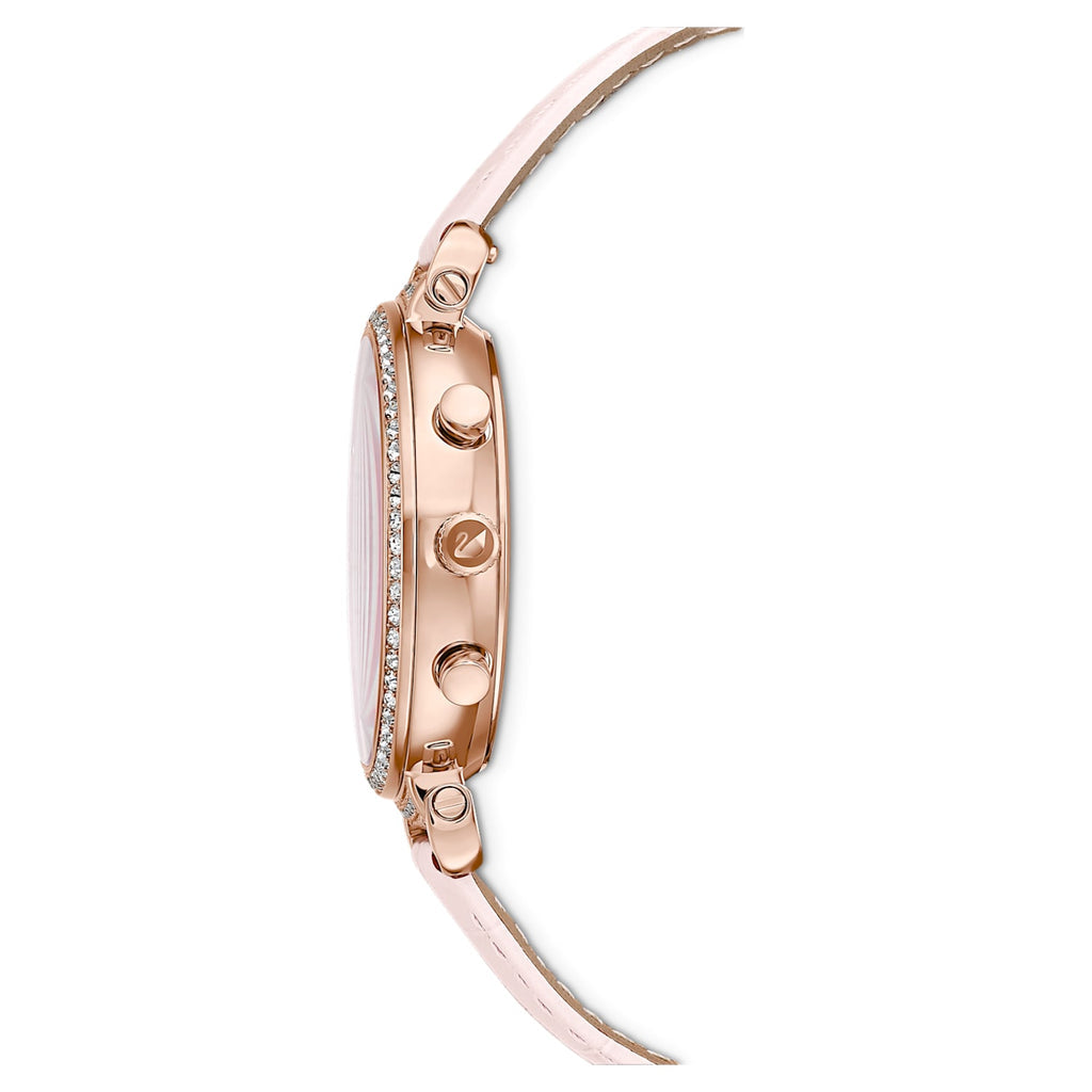 Swarovski Passage Chrono watch side profile showing rose gold chronograph pushers and pink strap