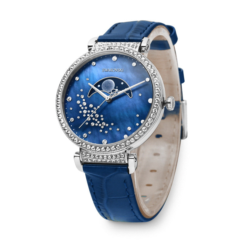 Side angle view of Swarovski Passage moon phase watch with leather strap detail