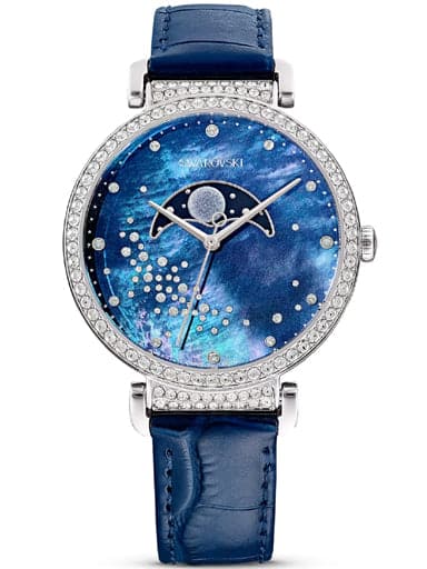 Front view of Swarovski Passage moon phase watch with starry blue dial and crystal-set bezel
