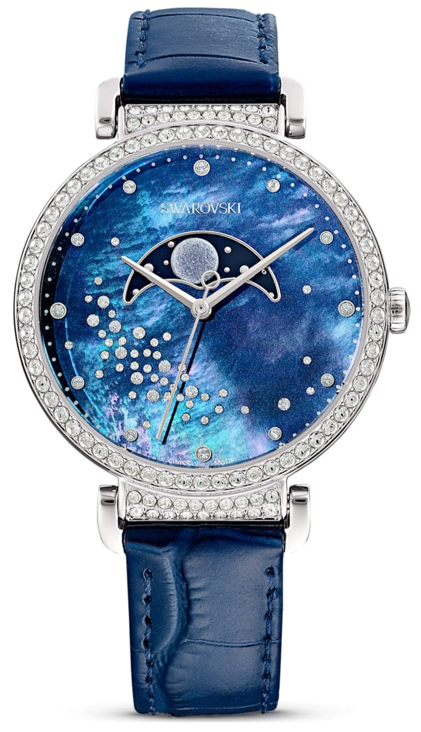 Swarovski Passage moon phase women's watch with blue dial, crystal bezel, and blue leather strap