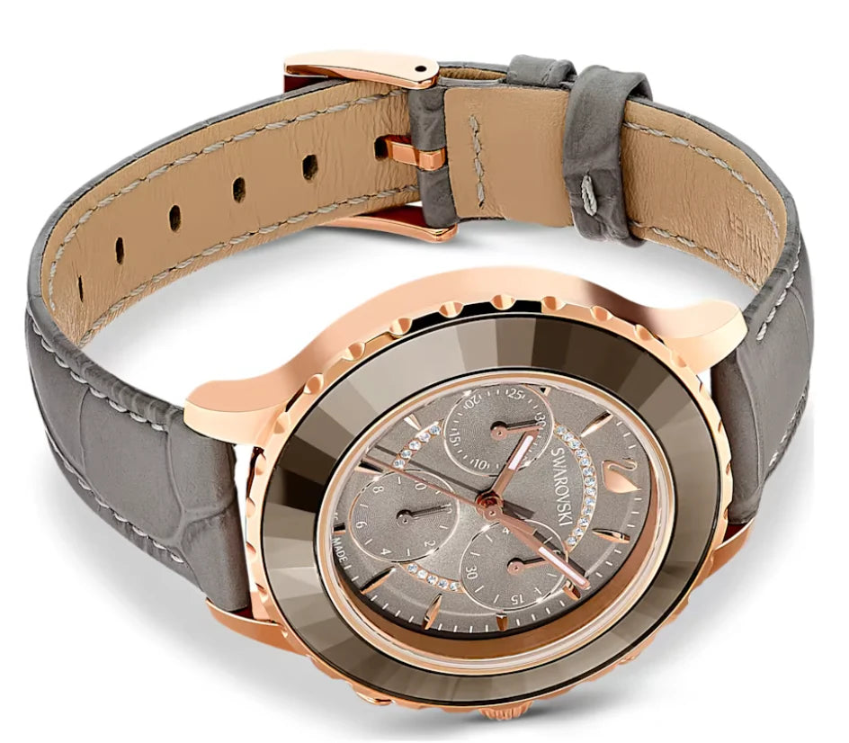 Swarovski Stella gray crocodile-embossed leather strap with rose gold buckle detail