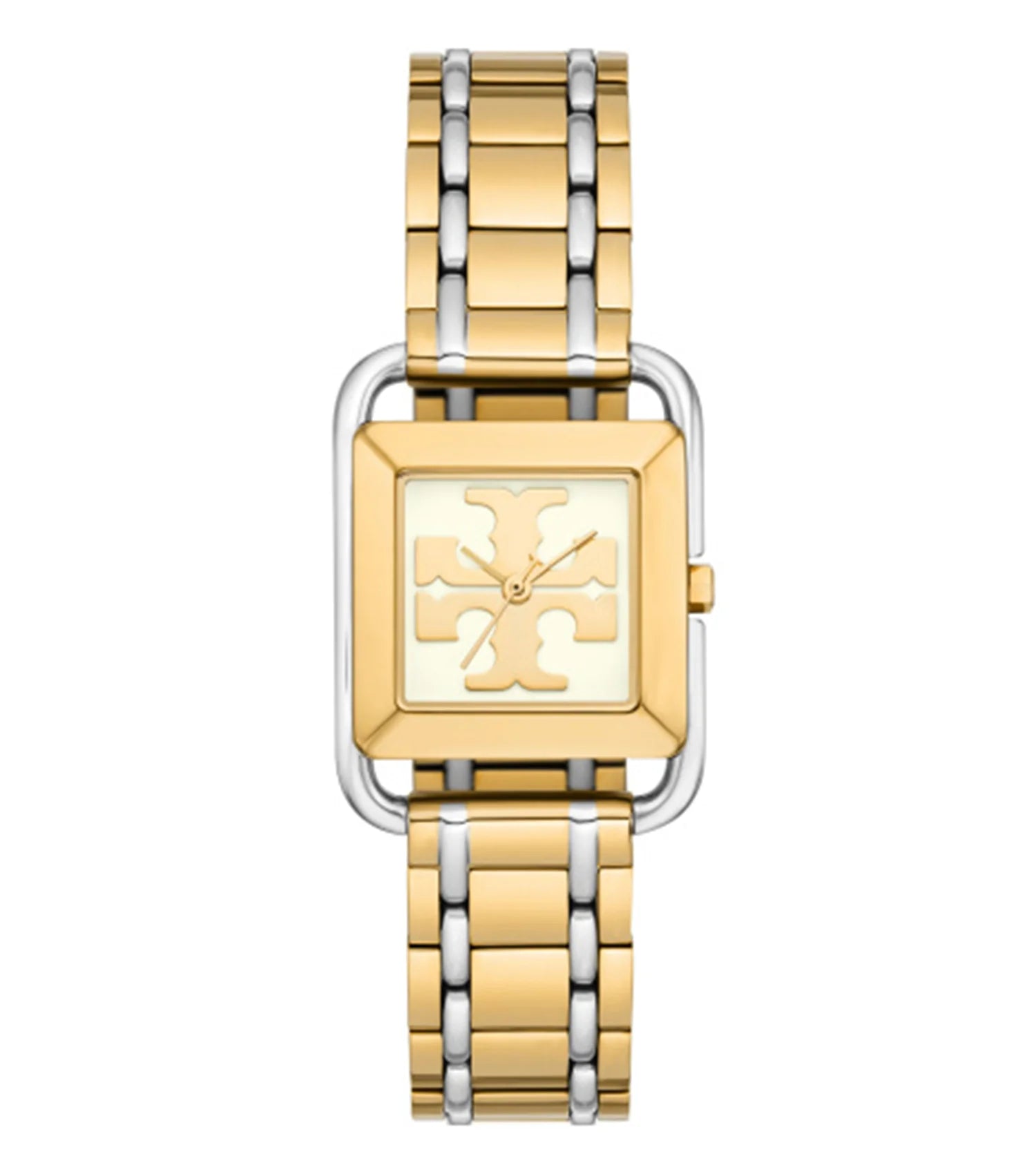 Tory Burch The Miller square two-tone steel watch with gold and silver bracelet and T-logo dial