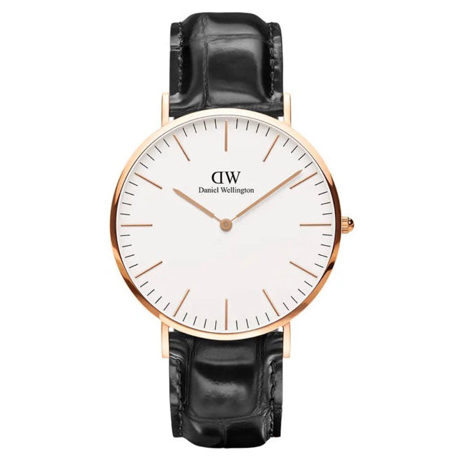 Daniel Wellington Reading 36mm White Dial Black Genuine Leather Gold Watch - DW00100041