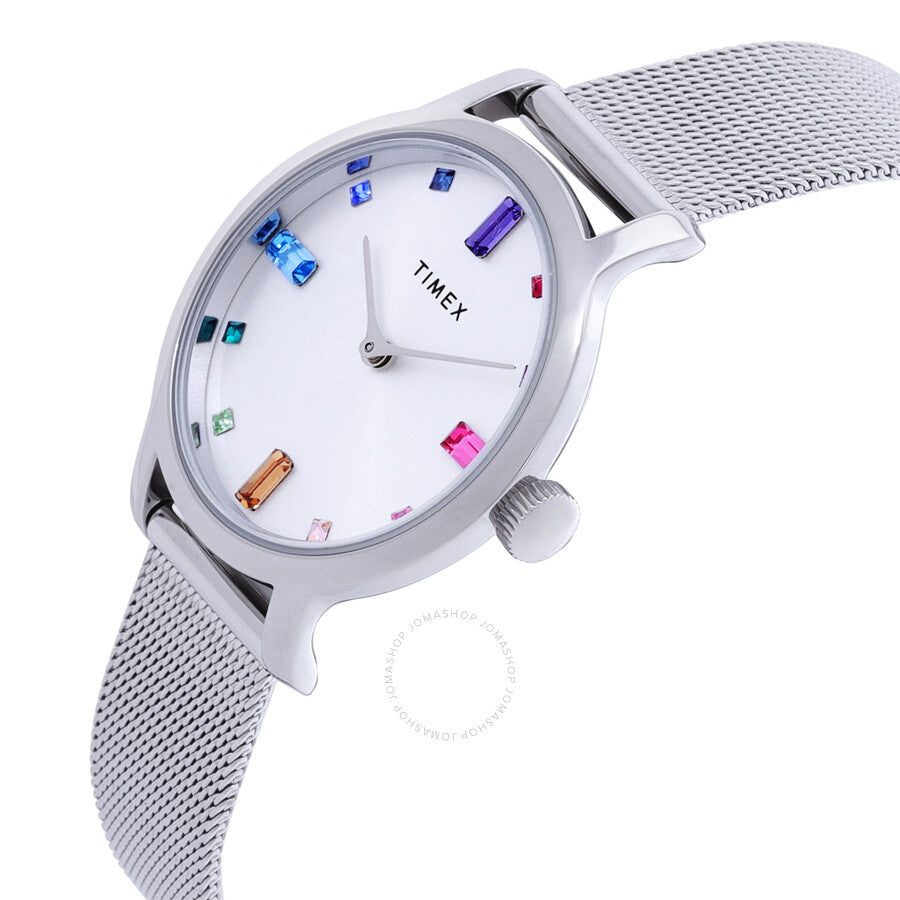 Timex Transcend watch at angle showing silver case and dial with rainbow crystal hour markers
