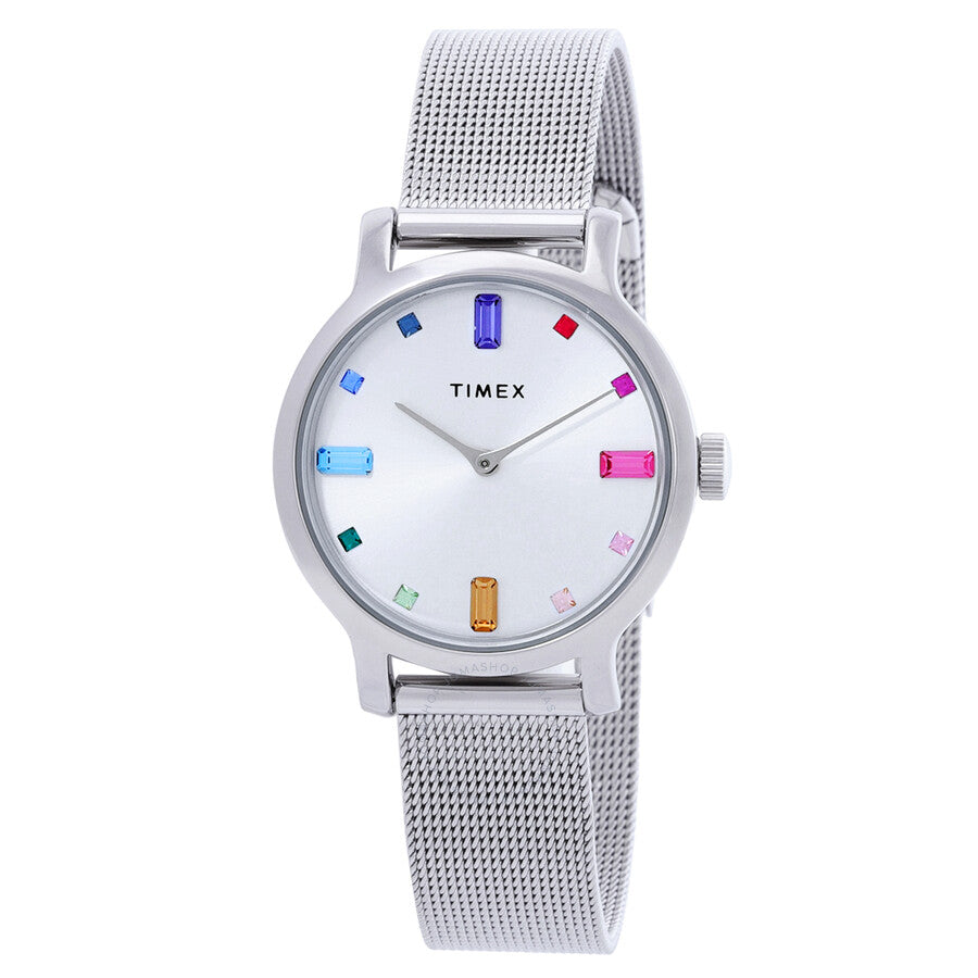 Timex Transcend silver quartz watch with crystal dial and colorful markers on mesh strap