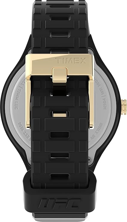 Case back view showing Timex UFC branding and gold-tone crown on black rubber strap