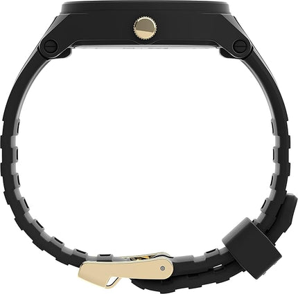 Side view of Timex UFC Shogun watch with black case and rubber strap with gold buckle