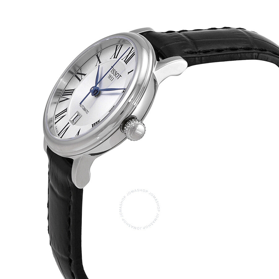 Tissot ladies watch side angle showing silver case, dial, and black leather strap
