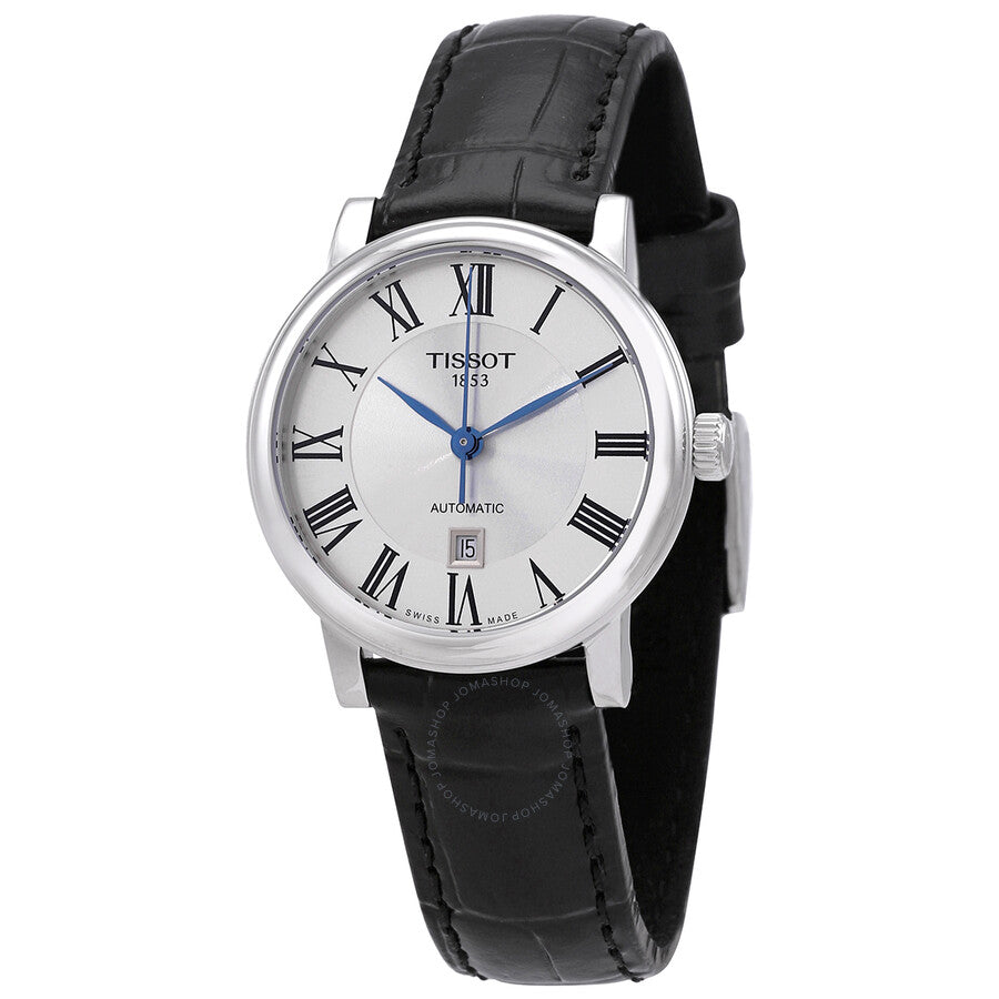 Tissot automatic ladies watch with silver dial, Roman numerals, blue hands, and black leather strap