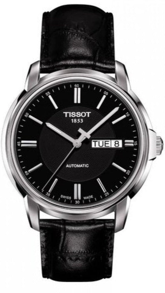Tissot Automatics III black dial watch with stainless steel case and black leather strap