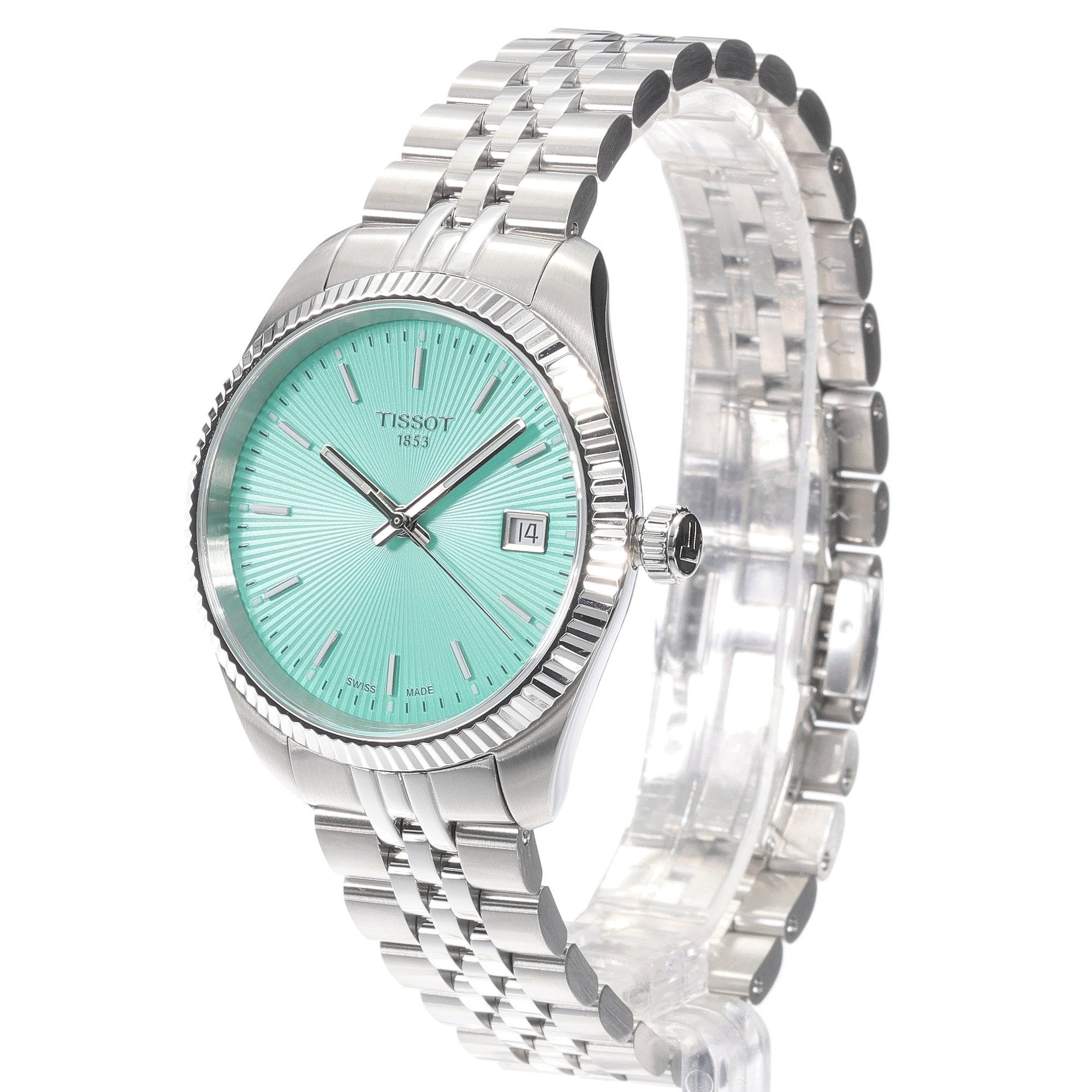 Tissot Ballade women's watch with light green dial shown at 45-degree angle with bracelet detail