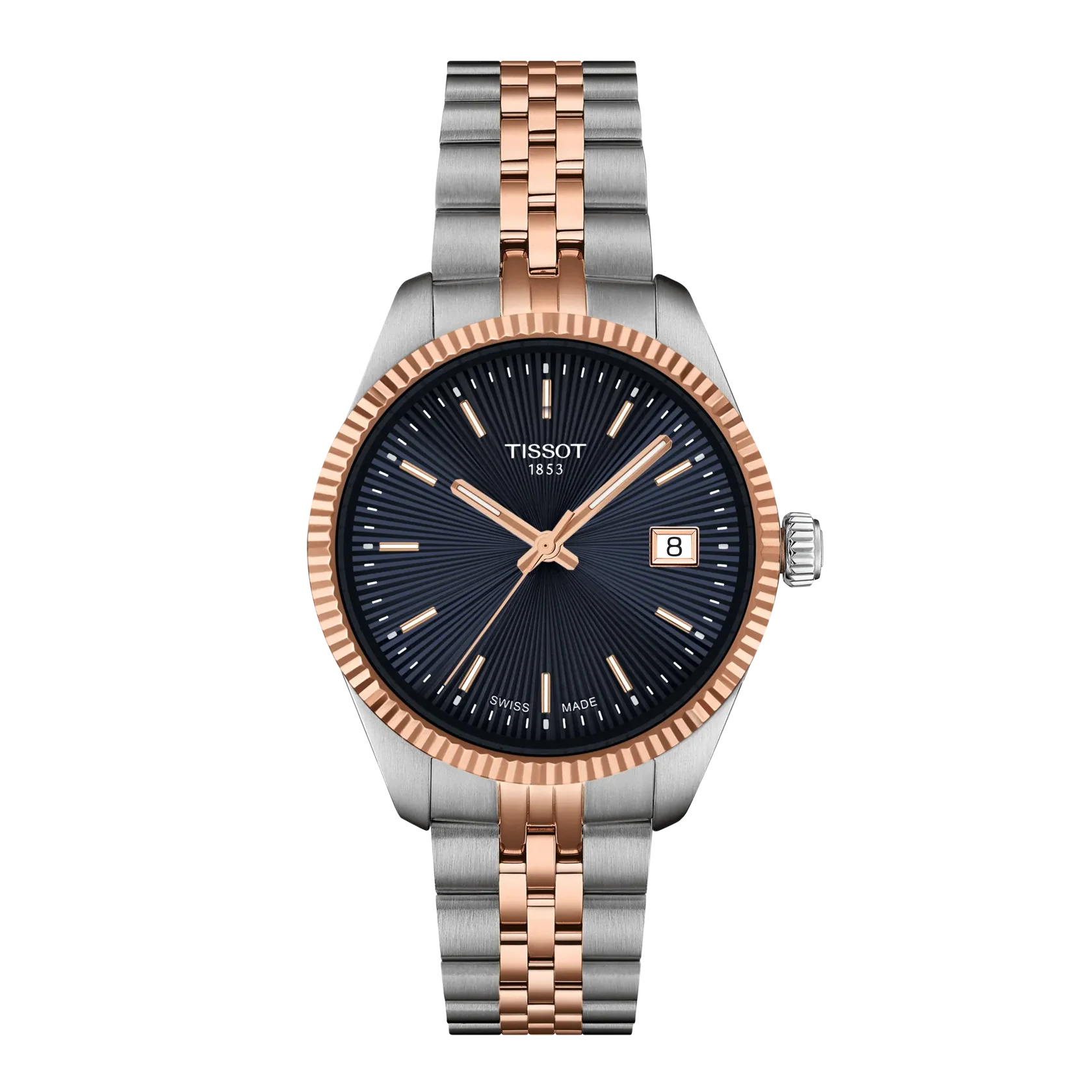 Tissot Ballade quartz women's watch with blue dial, two-tone steel and rose gold bracelet, fluted bezel, and date window