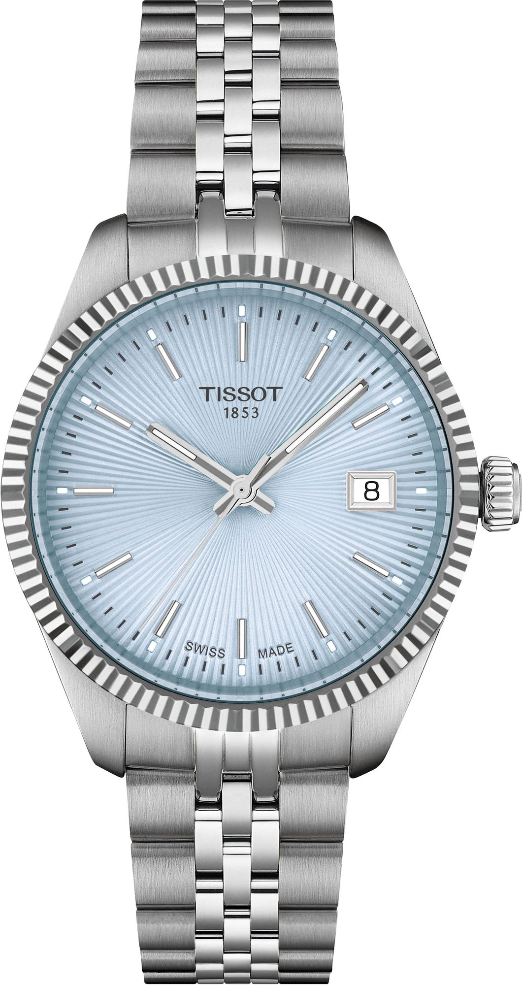 Tissot Ballade quartz women's watch with light blue dial, silver steel strap and fluted bezel