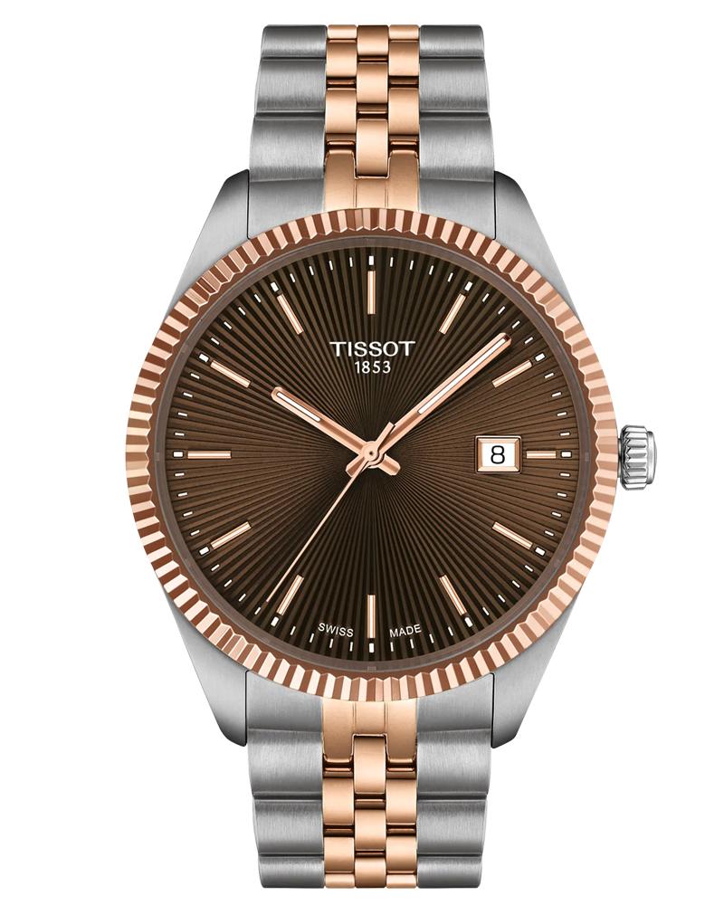 Tissot Ballade quartz men's watch with brown sunburst dial and two-tone rose gold PVD steel bracelet