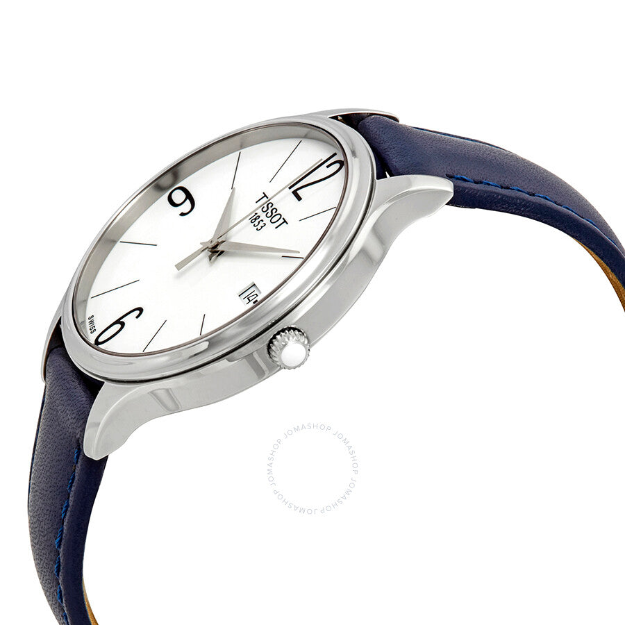 Tissot Bella Ora ladies watch angle view showing white dial and navy leather strap