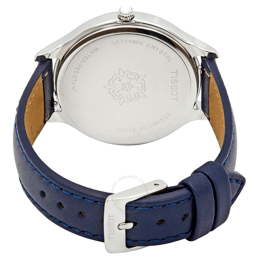 Tissot Bella Ora watch caseback showing sapphire crystal and navy leather strap with buckle