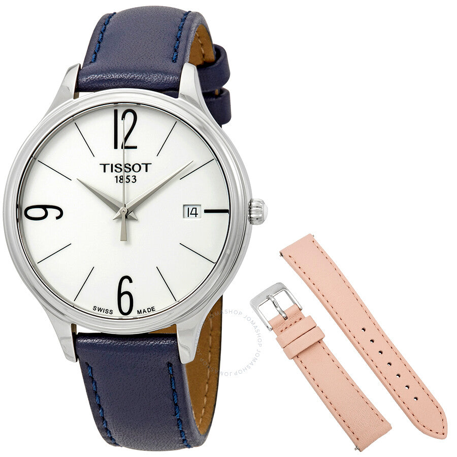 Tissot Bella Ora white dial ladies watch with navy strap and interchangeable pink strap
