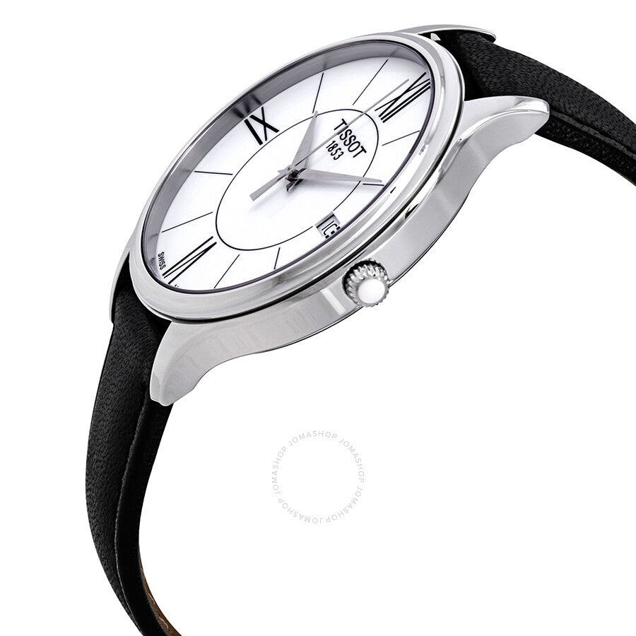 Tissot Bella Ora ladies watch angled side view showing silver case profile and black leather band