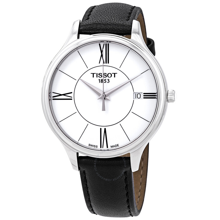 Tissot Bella Ora watch with white dial, Roman numerals, stainless steel case and black leather strap