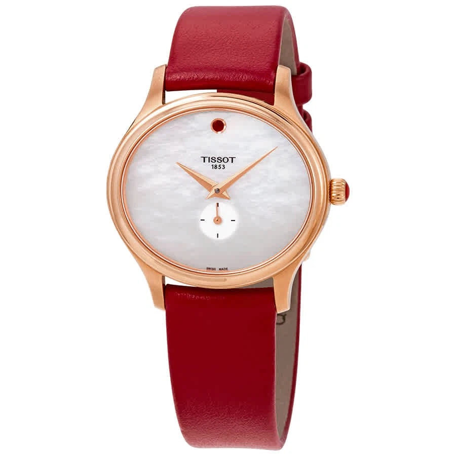 Tissot Bella Ora ladies watch with white mother of pearl dial and rose gold case, burgundy leather strap