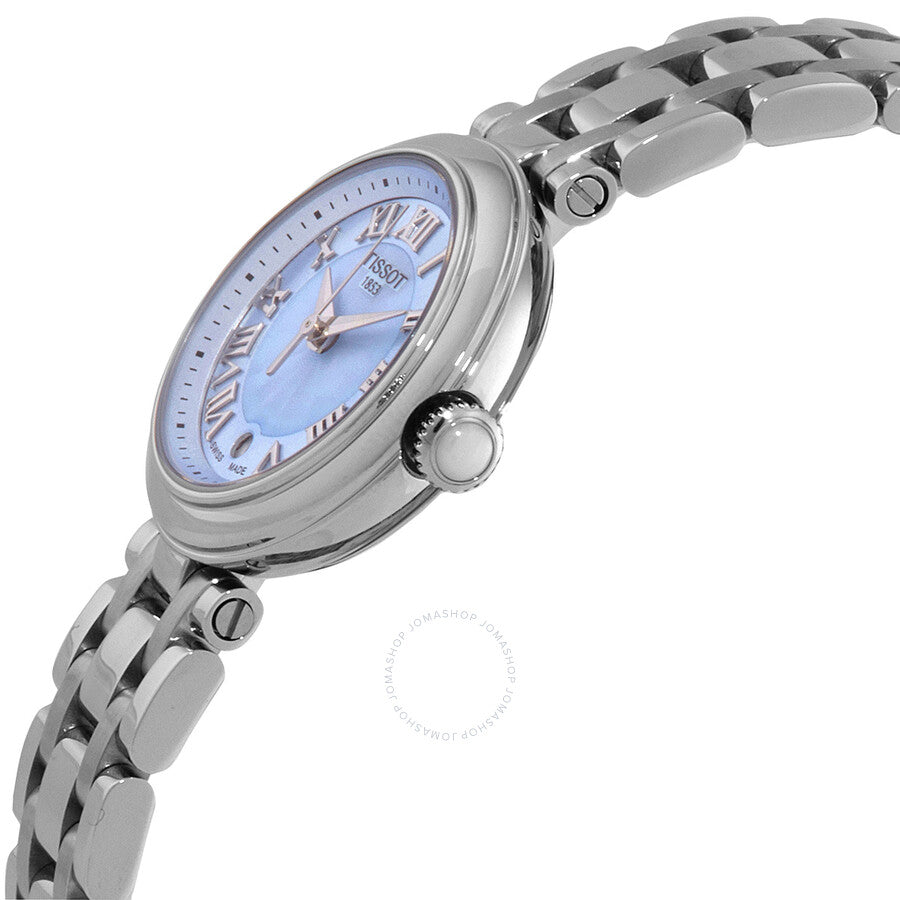 Tissot Bellissima Small Lady angled view showing blue dial and metal bracelet profile