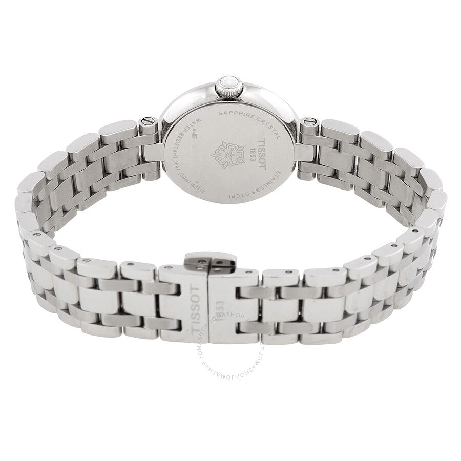 Tissot Bellissima Small Lady case back showing stainless steel bracelet and clasp