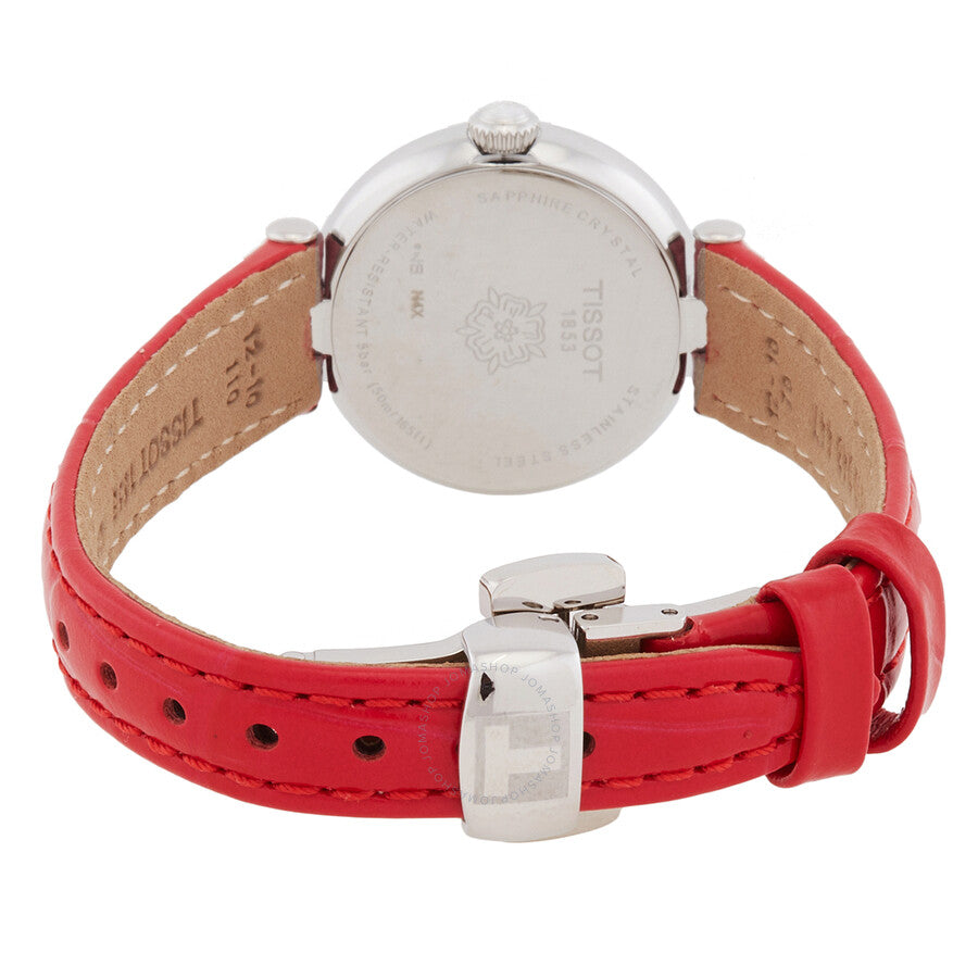 Tissot Bellissima caseback showing stainless steel case back, Tissot logo, and red leather strap with deployment clasp