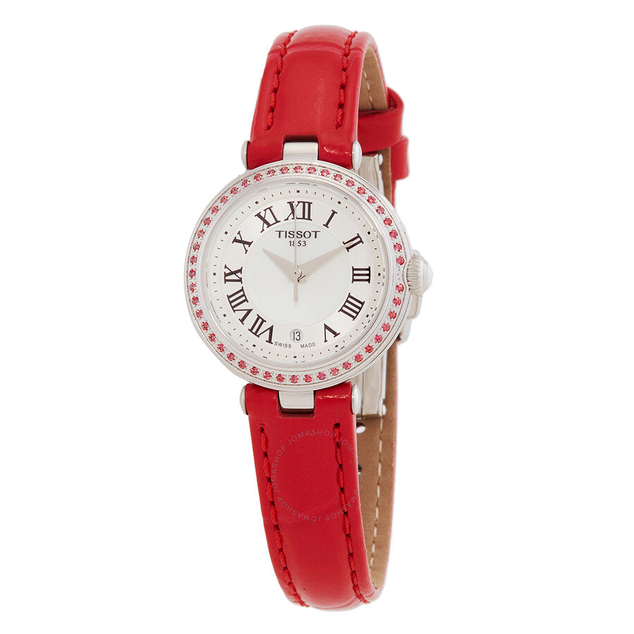 Tissot Bellissima Small Lady quartz watch with white mother-of-pearl dial, Roman numerals, crystal-set bezel, and red leather strap
