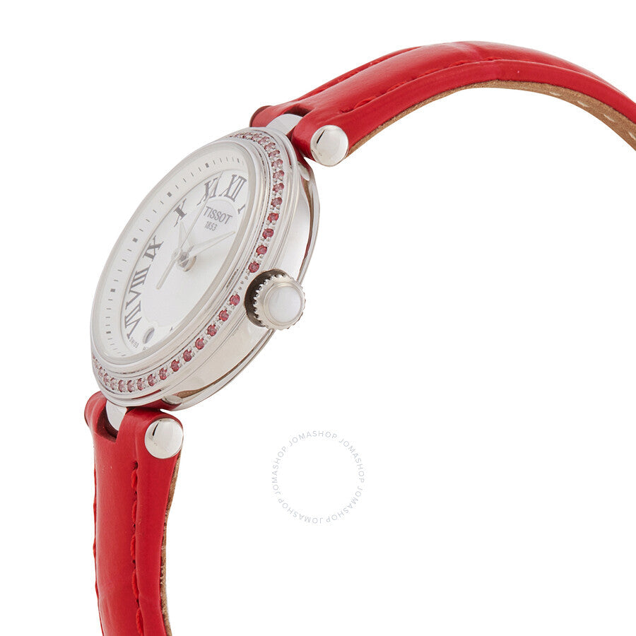 Side view of Tissot Bellissima showing thin case profile and red leather strap attachment