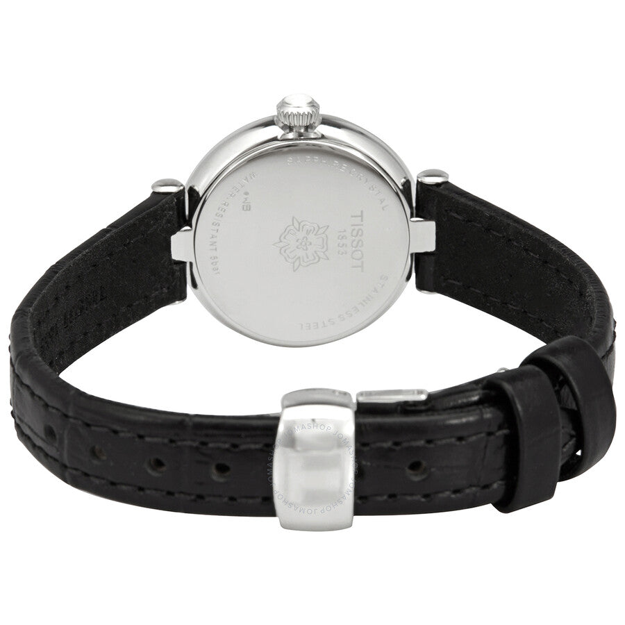 Tissot Bellissima Small watch caseback view showing stainless steel case back and black leather strap