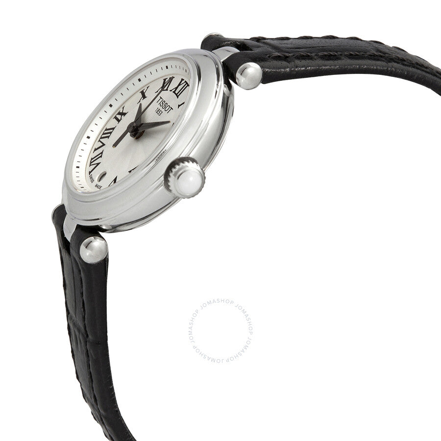 Tissot Bellissima Small watch side view showing stainless steel case profile and black leather strap