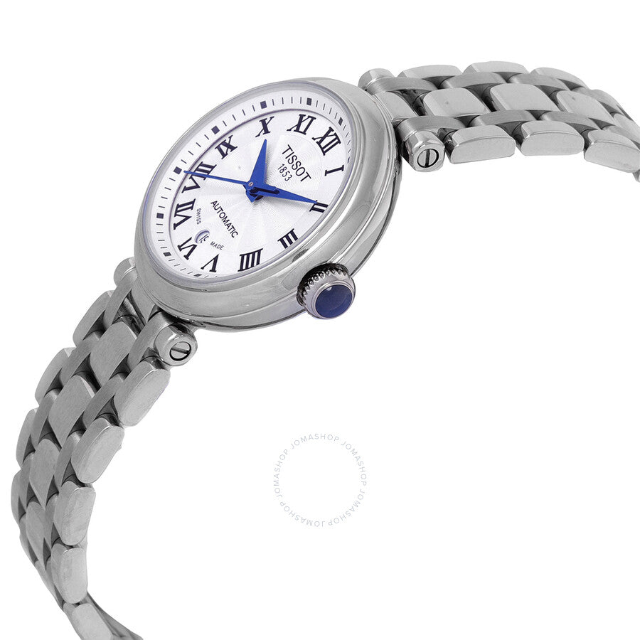 Tissot Bellissima watch shown at angle with blue hands and stainless steel link bracelet