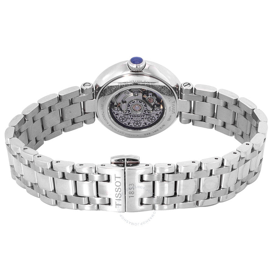 Tissot Bellissima automatic watch caseback showing visible movement and exhibition window