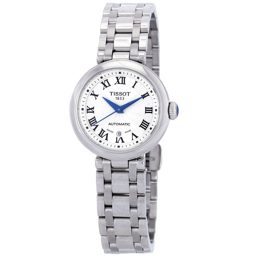 Tissot Bellissima automatic watch with white dial and Roman numerals on stainless steel bracelet