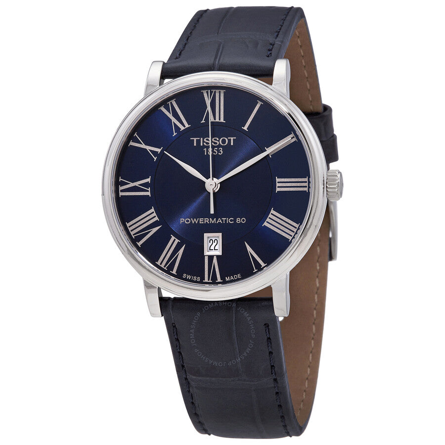 Tissot Carson Automatic men's watch with blue dial, Roman numeral indexes, and dark leather strap