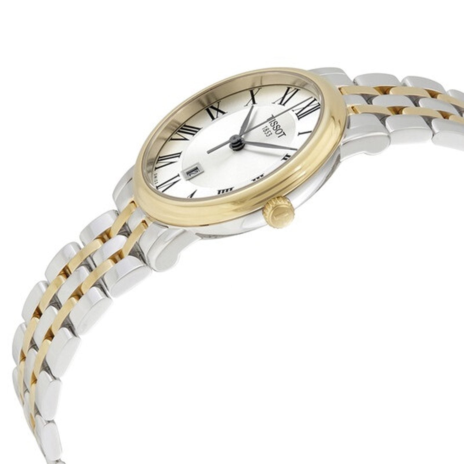 Tissot Carson Premium Lady watch at angle showing two-tone case and bracelet