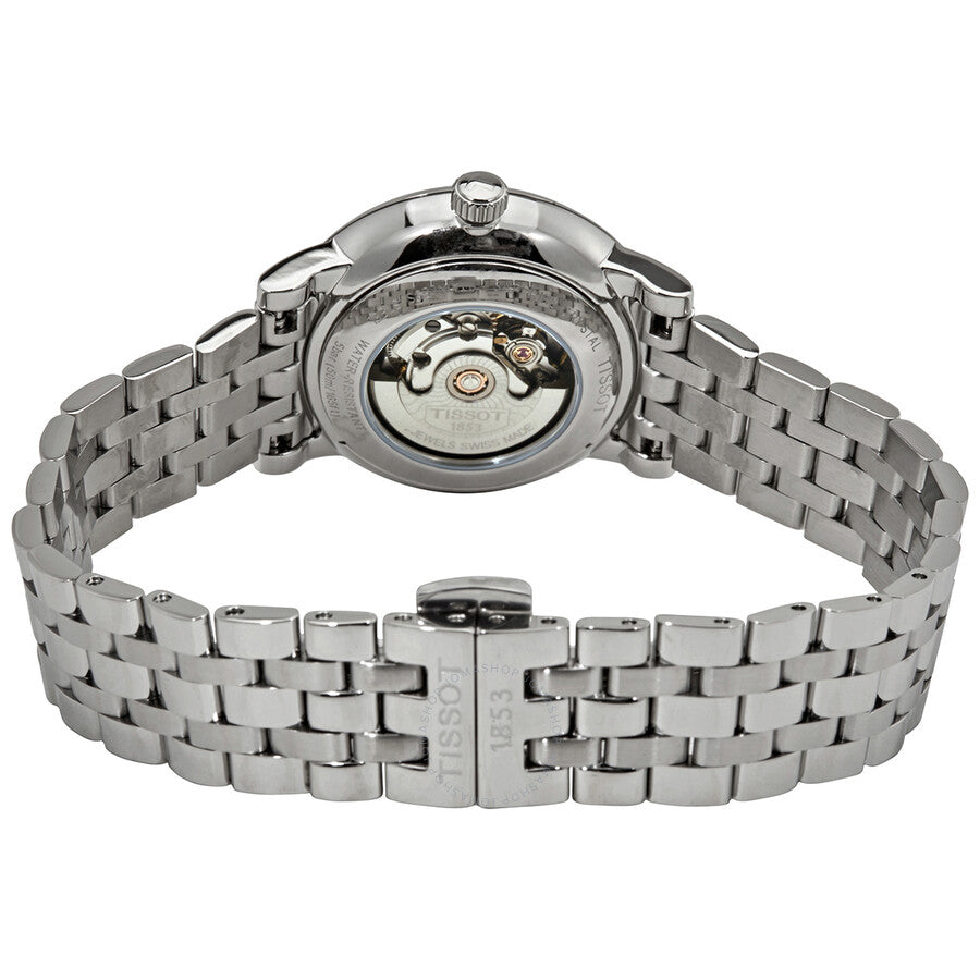 Tissot Carson Premium caseback showing visible automatic movement and stainless steel bracelet