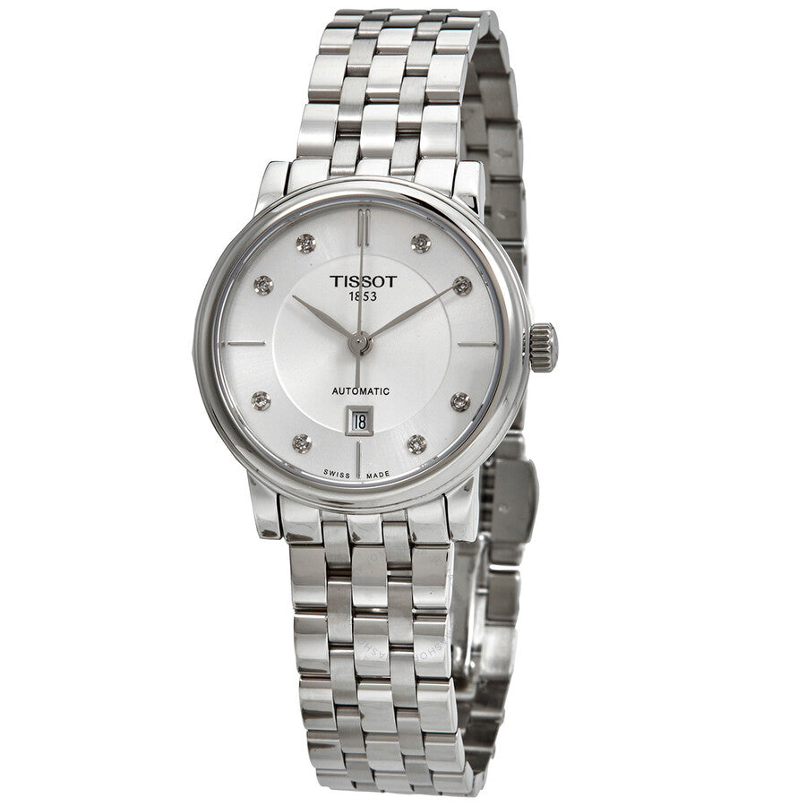 Tissot Carson Premium automatic ladies watch with white dial, diamond hour markers, stainless steel bracelet