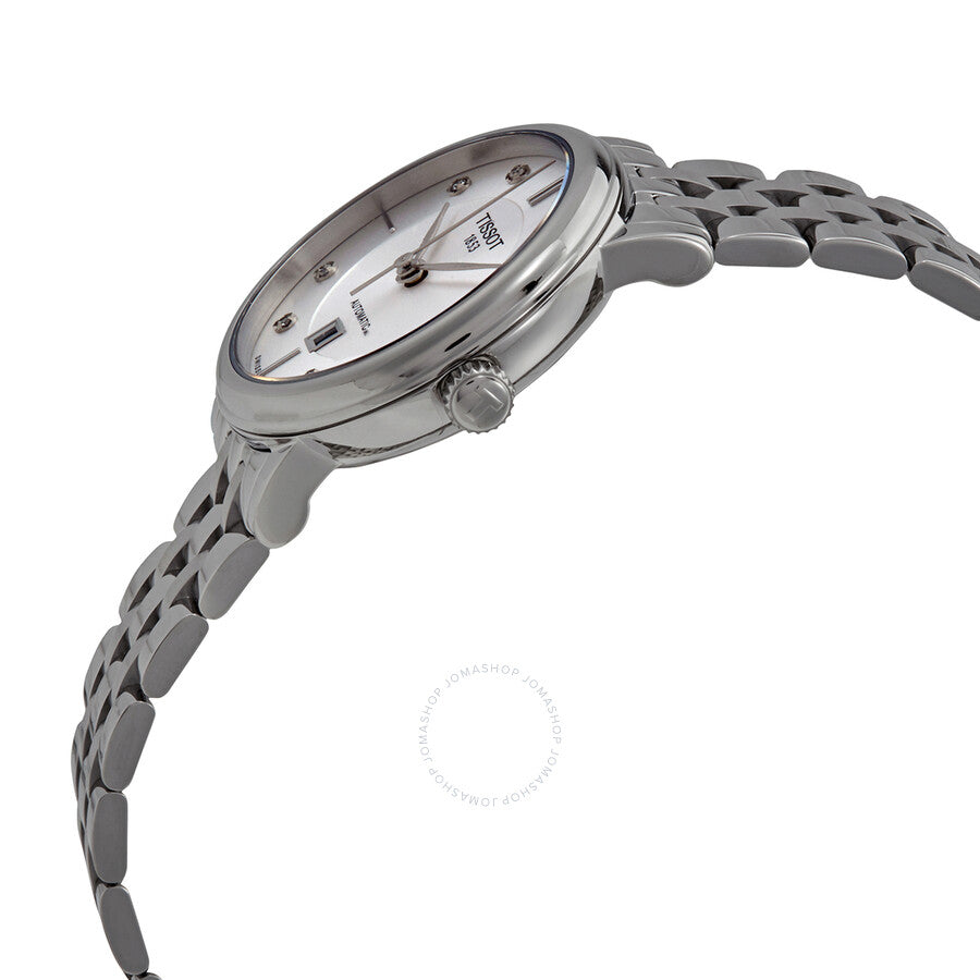 Side angle view of Tissot Carson Premium watch showing slender case profile and steel bracelet