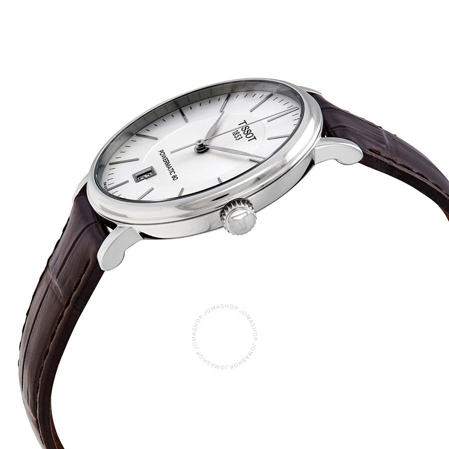 Tissot Carson Premium watch side view showing silver case and brown crocodile leather strap