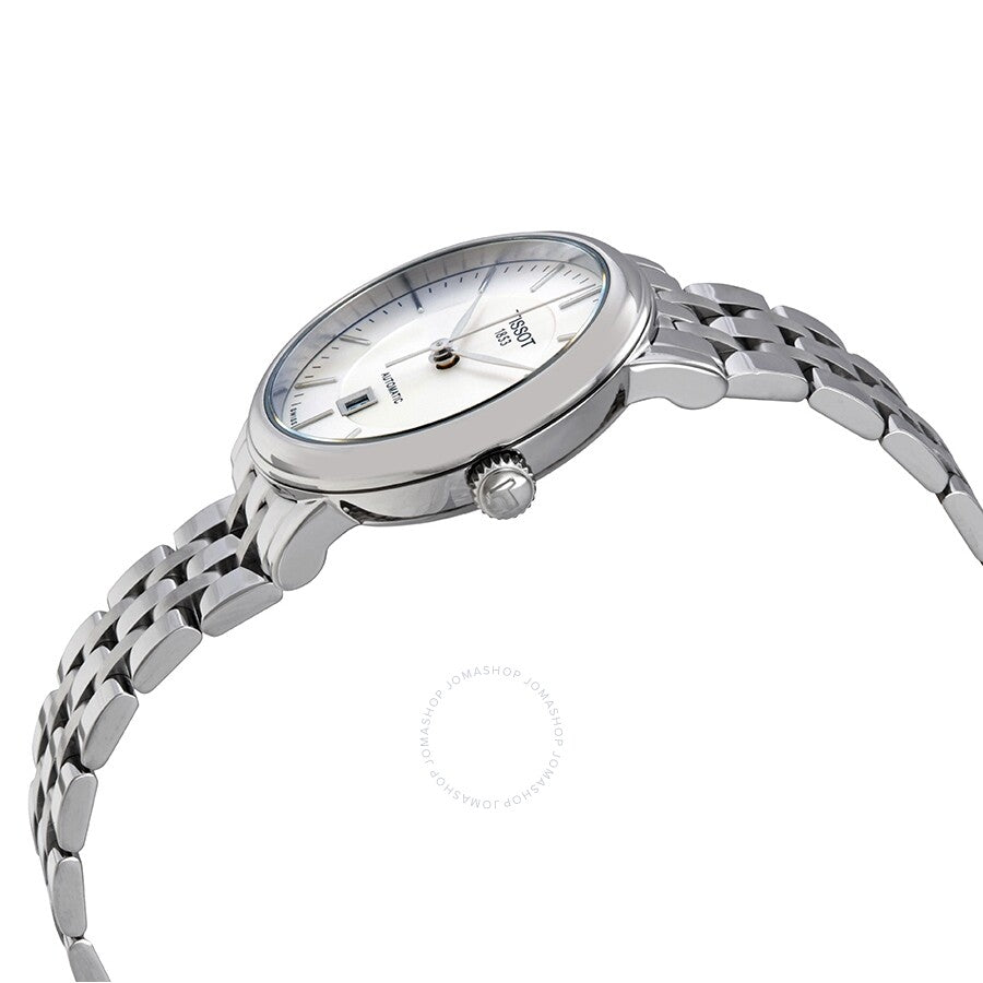 Side angle view of Tissot Carson ladies watch showing silver dial and stainless steel bracelet
