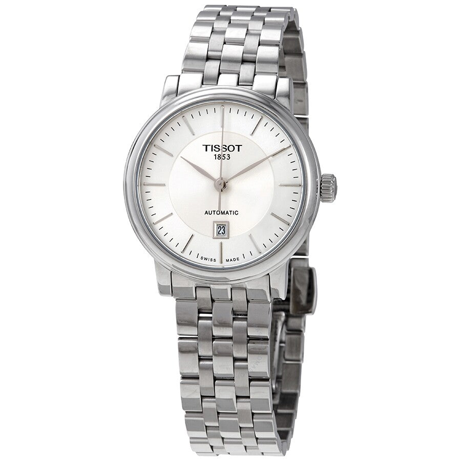 Tissot Carson automatic ladies watch with silver dial, silver stainless steel bracelet, and date window
