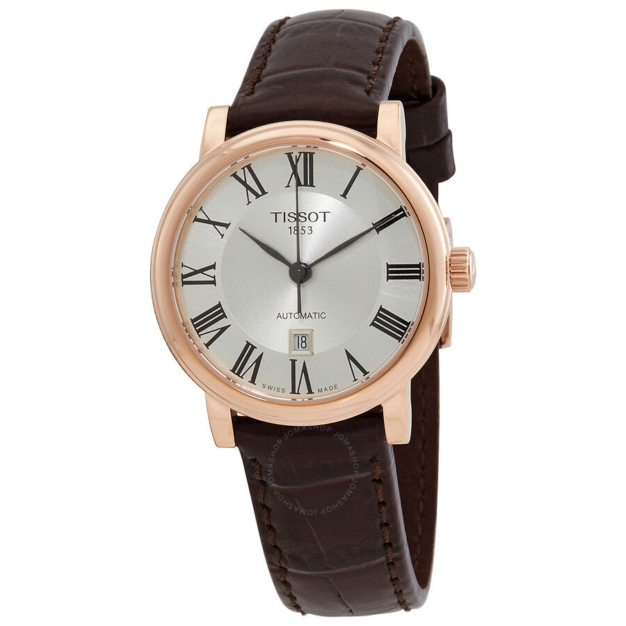 Tissot Carson automatic silver dial ladies watch with rose gold case and brown leather strap