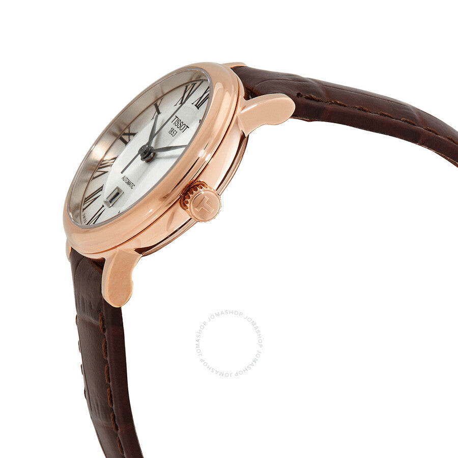 Side profile of Tissot Carson watch showing rose gold case, silver dial with Roman numerals, and brown strap