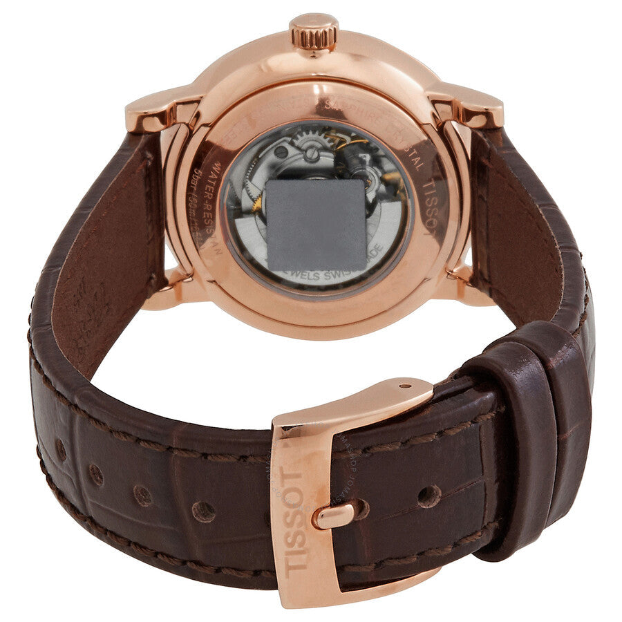 Caseback view of Tissot Carson showing exposed automatic movement with visible rotor