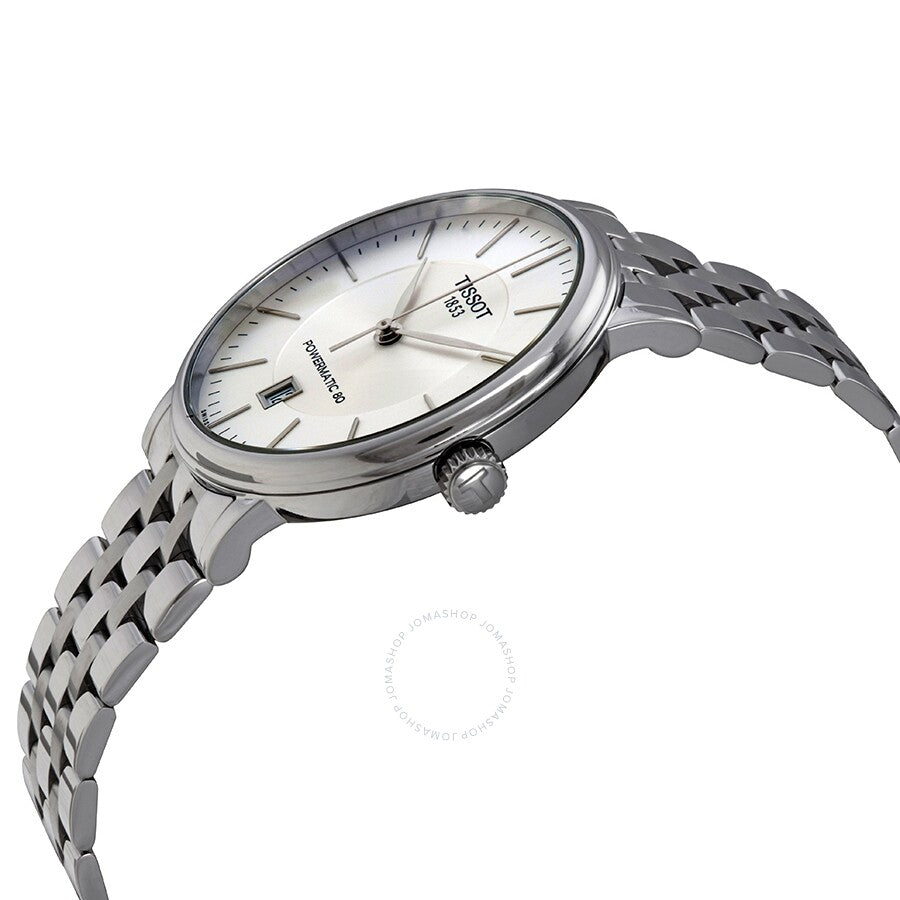 Tissot Carson Automatic watch angled view showing case profile and stainless steel bracelet