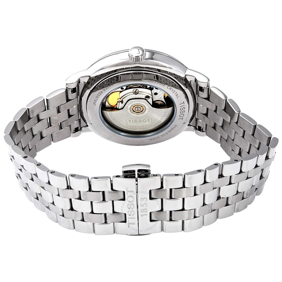 Tissot Carson Automatic watch caseback showing Powermatic 80 automatic movement with visible rotor