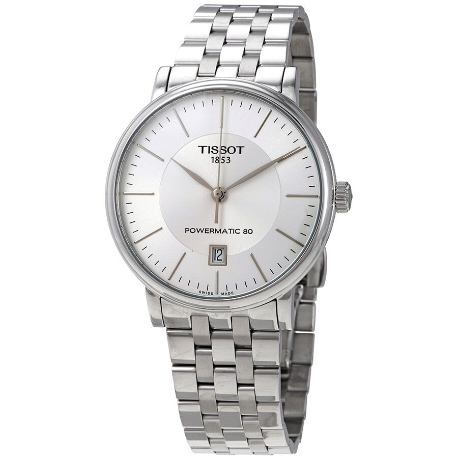 Tissot Carson Automatic men's watch with silver dial, silver stainless steel bracelet, and date window