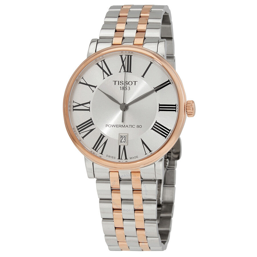 Tissot Carson automatic watch with silver dial, Roman numerals, two-tone rose gold and stainless steel case and bracelet